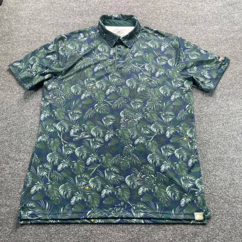 RSVLTS Jurassic Park Polo Shirt Men's L Green Tropical Dinosaur Breakfast Balls